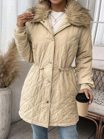 Drawstring Snap Down Long Sleeve Outerwear Tan Woman Outerwear