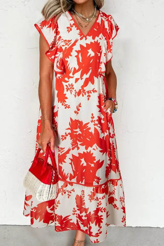 Floral V-Neck Summer Midi Dress Orange Woman Casual Dress
