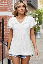 Eyelet V-Neck Flutter Sleeve T-Shirt White