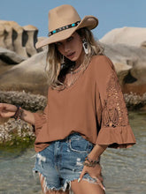 Openwork V-Neck Flounce Sleeve Blouse Woman Blouses