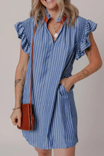 Stripe Frilly Split Neck Shirred Ruffle Sleeve Short Shift Dress Casual Dresses