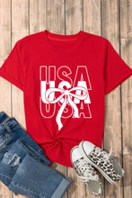 Patriotic USA bow graphic red t-shirt with white design and leopard sneakers