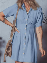 Denim Pleated Slim Waist Short Sleeve Shirt Dress Woman Dress