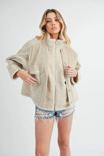 Aemi + Co Fake Two Pieces Turtleneck Sherpa Jacket with Pockets Sand Woman Outerwear