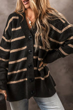 Striped Button Down Long Sleeve Cardigan Black Woman Outerwear