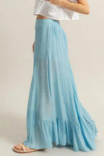 Hyfve high-waist ruffle flared wide leg pants in light blue with tiered ruffle hem and soft lightweight fabric