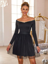 Pearl Trim Mesh Hem Off Shoulder Dress Black