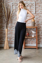 Heimish full size solid damask casual black wide-leg pants with intricate white embroidered cuffs plus size damask casual pants