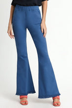 Umgee plus size blue wide flare leg stretch pants with frayed hem and elastic waistband for comfortable wear
