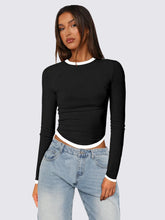 Contrast Trim Round Neck Long Sleeve T-Shirt Black