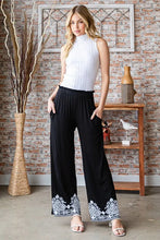 Heimish full size plus solid damask casual pants in black with wide legs and white embroidered hem patterns