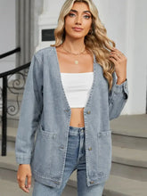 Pocketed V-Neck Button Up Denim Jacket Woman Outerwear