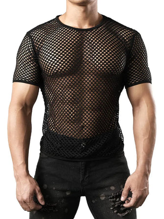 Men's Hollow Out Round Neck Short Sleeve Top Black