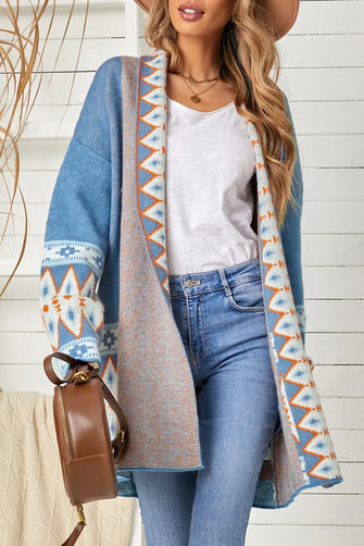 Geometric Open Front Long Sleeve Cardigan Blue