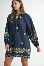 MABLE Embroidered Long Sleeve Peasant Mini Dress Casual Dresses
