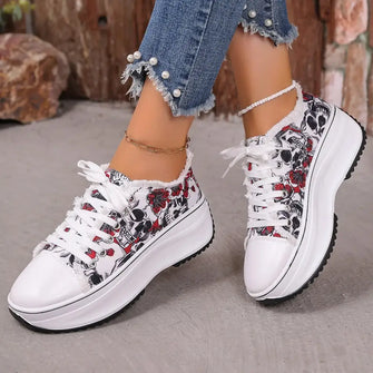 Printed Lace Up Platform Sneakers Red Woman Sneakers