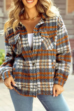 Plaid Collared Neck Jacket with Chest Pockets Brown Woman Outerwear