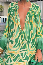Abstract Print Buttoned Balloon Sleeve Dress Woman Maxi Dress