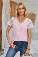 Eyelet V-Neck Lace Short Sleeve T-Shirt
