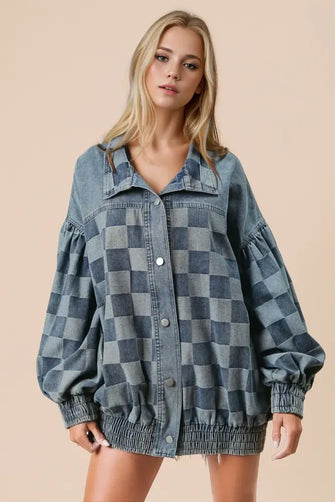 Double Take Checkered Button Up Denim Jacket Medium Woman Outerwear