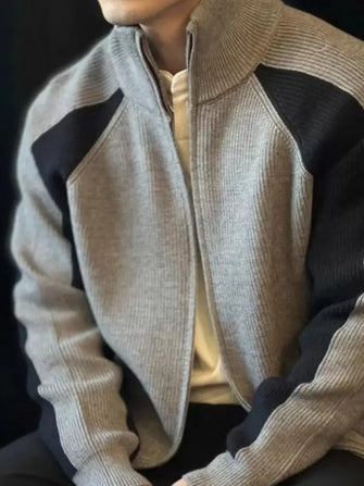 Men's Plus Size Color Block Ribbed Knit Zip-Up Cardigan Dark Gray Cardigans