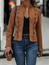 Decorative Button Open Front Long Sleeve Jacket Brown Woman Outerwear