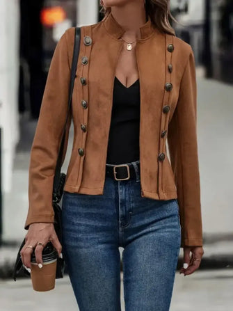 Decorative Button Open Front Long Sleeve Jacket Brown Woman Outerwear