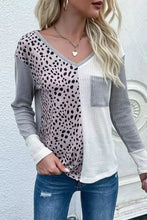 Color Block V-Neck Ribbed Top with Pocket Woman Blouses