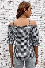 Plaid Buttoned Sweetheart Neck Cold-Shoulder Top Woman Blouses