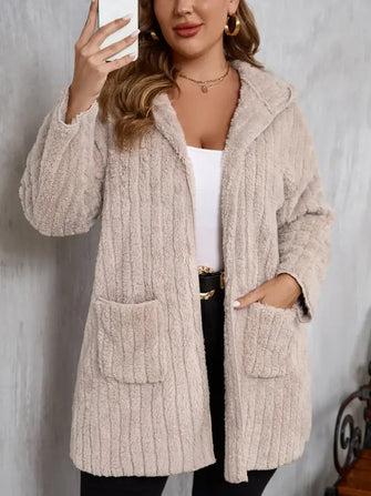 Plus Size Open Front Long Sleeve Hooded Fuzzy Jacket Dust Storm Woman Outerwear