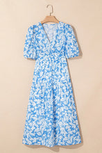 Floral V Neck Puff Short Sleeve Flowy Dress