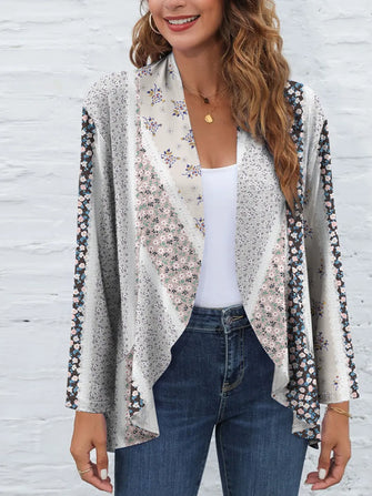 FAM-FAM Printed Open Front Long Sleeve Cardigan Beige