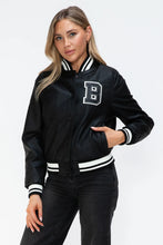 Love Me Now PU Leather Contrast Snap Down Bomber Jacket Midnight Black