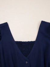 V Neck Buttoned Front Shirred Back Short Sleeve Midi Dress Woman Casual Dress