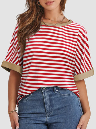 Contrast Striped Round Neck Half Sleeve T-Shirt Red White