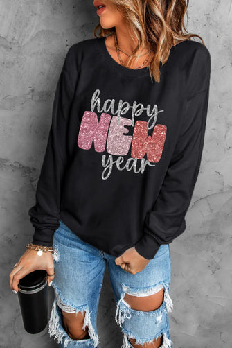 HAPPY NEW YEAR Round Neck Sweatshirt Black