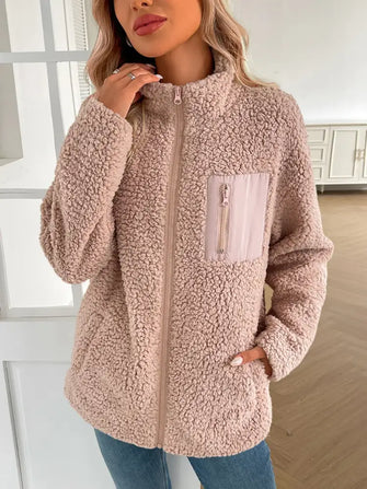 Ivy Lane Zip Up Long Sleeve Fuzzy Jacket Watermelon pink Woman Outerwear