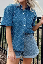 Pocketed Collared Neck Short Sleeve Denim Shirt Woman Denim Tops
