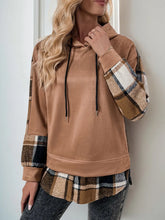 Perfee Drawstring Slit Plaid Long Sleeve Hoodie Woman Sweatshirts