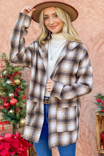 And The Why Plaid Open Front Hooded Shacket Brown Multi Casual Dresses
