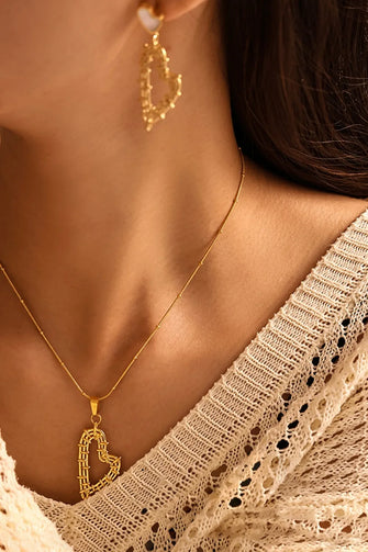 Stainless Steel Heart Earrings and Necklace Set Gold One Size