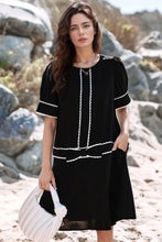 Contrast Scallop Trim Bow Detail Short Sleeve Shift Dress Black