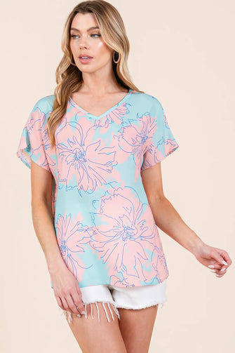 BOMBOM Floral Short Sleeve T-Shirt Aqua-Pink