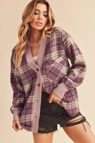 Aemi + Co Side Slit Patch Pocket Plaid Button Down Jacket Purple Woman Outerwear