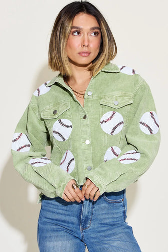 Baseball Sequin Dropped Shoulder Raw Hem Jacket Light Green