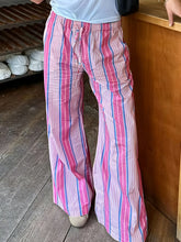 Pink blue and white striped wide leg drawstring pants with elastic waistband in breathable fabric for casual wear