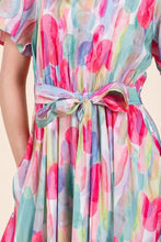 Lime N Chili watercolor print tie waist midi dress with ruffles
