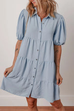 Button Up Puff Sleeve Tiered Shirt Dress Light Blue