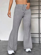 Gray heathered high waist flare pants with a size casual drawstring waistband in soft sweatpant fabric