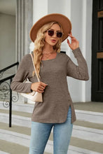 Square Neck Long Sleeve Slit T-Shirt Mocha Woman T Shirts